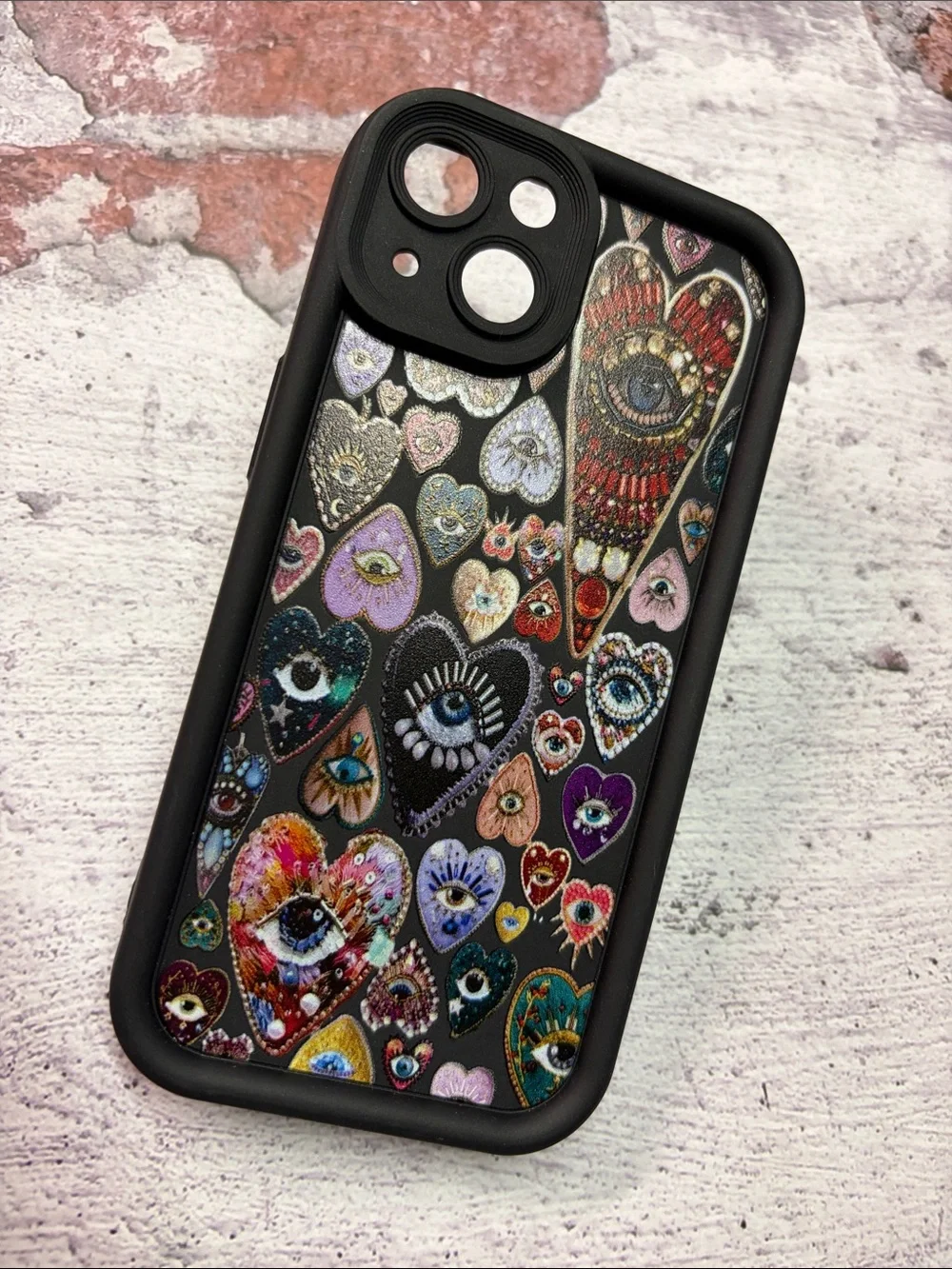 iPhone 13 Black Multicolor Evil Eye Heart Print Phone Case